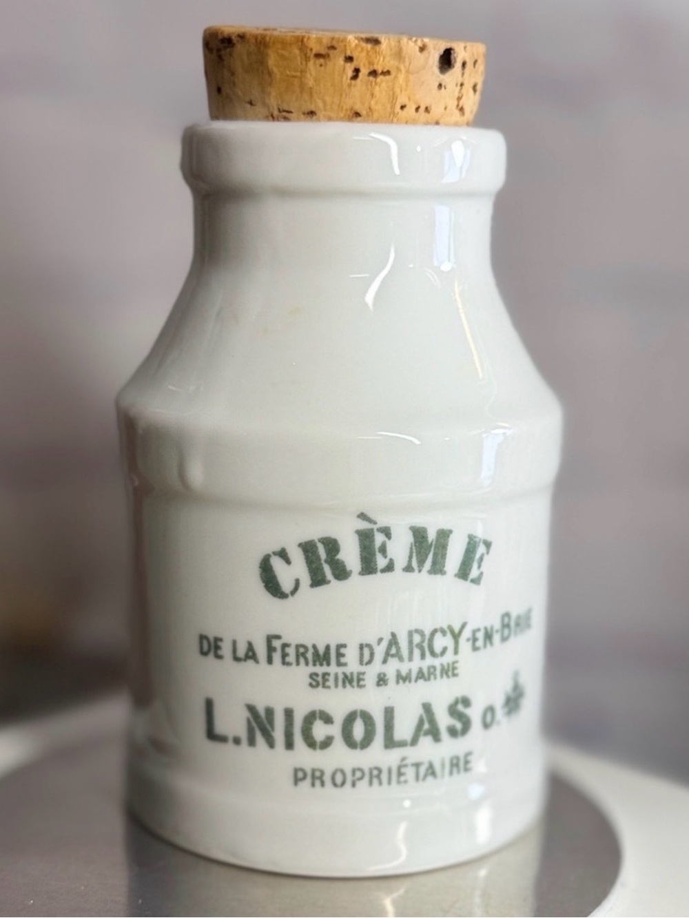 VTG French Porcelain Cream Bottle De La Ferme D'Arcy-En-Brie L Nicolas Creme